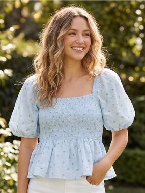 a.n.a Light Blue Smocked Square-Neck Peplum Top with Puff Sleeves